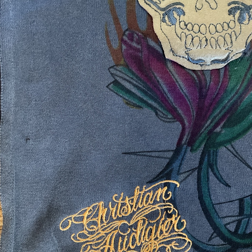 Christian Audigier Ed Hardy Navy Blue Skull Floral Embroidered Cotton Wrap - Picture 5 of 9